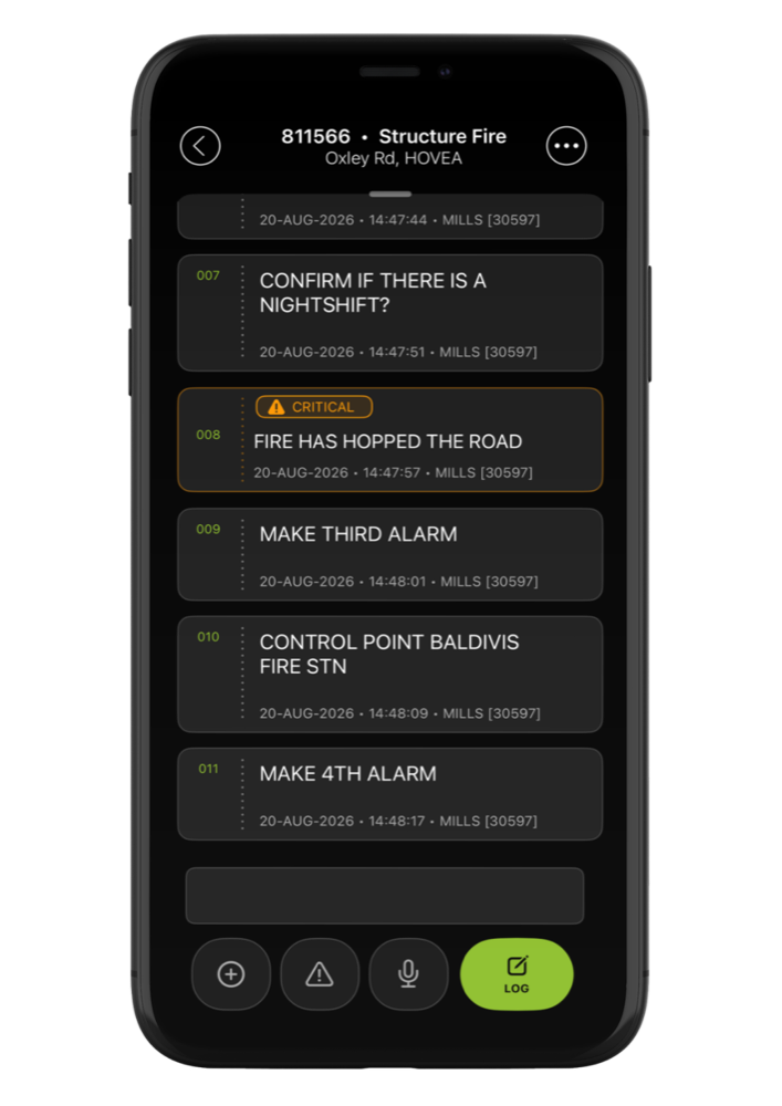 CrisisCMD decision log showing timestamped entries and a critical alert