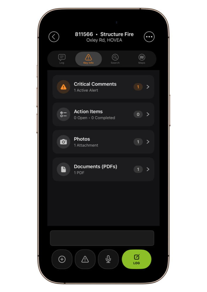 CrisisCMD Key Info screen showing critical comments, action items, photos and documents