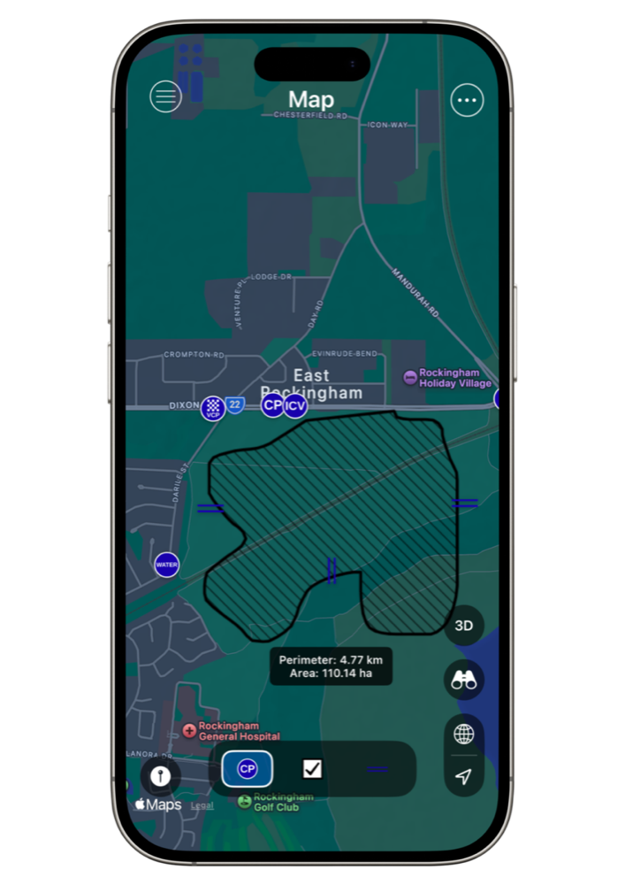 CrisisCMD live map showing fire perimeter and control points