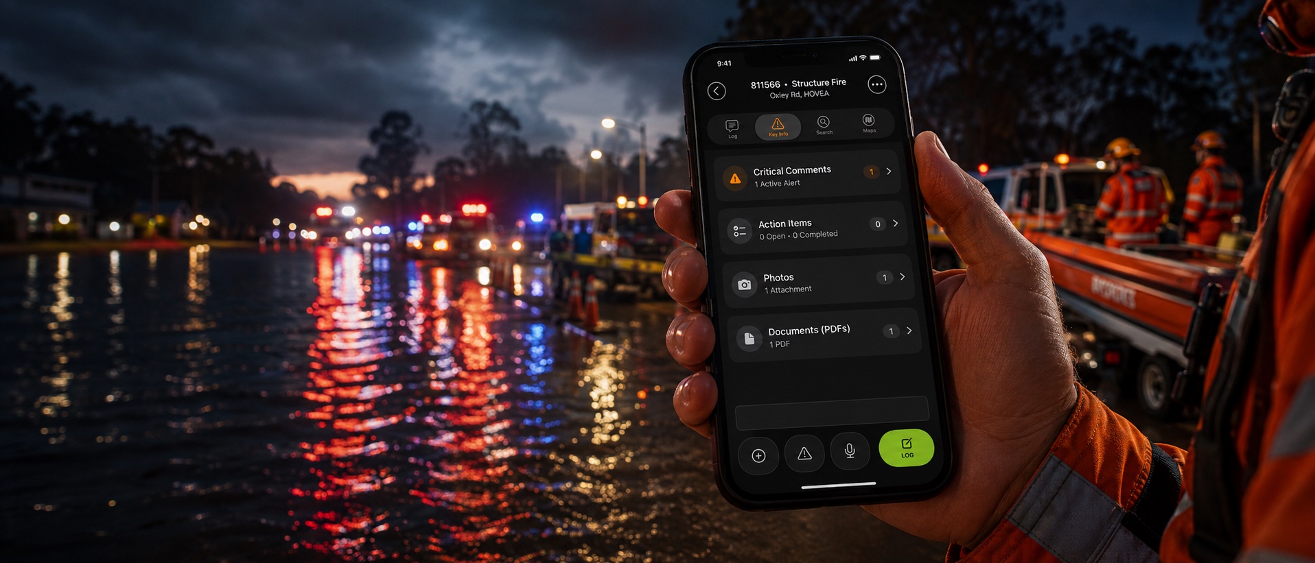 SES volunteer using CrisisCMD on iPhone during a flood response
